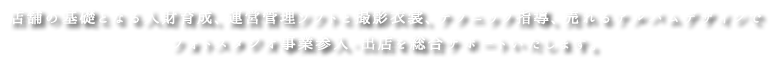 店舗の基礎となる人材育成、運営管理ソフトと撮影衣装、テクニック指導、
      売れるアルバムデザインでフォトスタジオ事業参入・出店を総合サポートいたします。