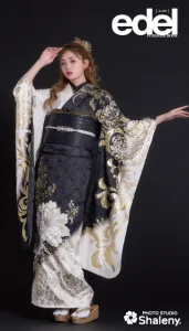 “Edel×古川優奈（ゆうちゃみ）”の振袖-白黒｜成人記念の新作振袖ご紹介　E-605