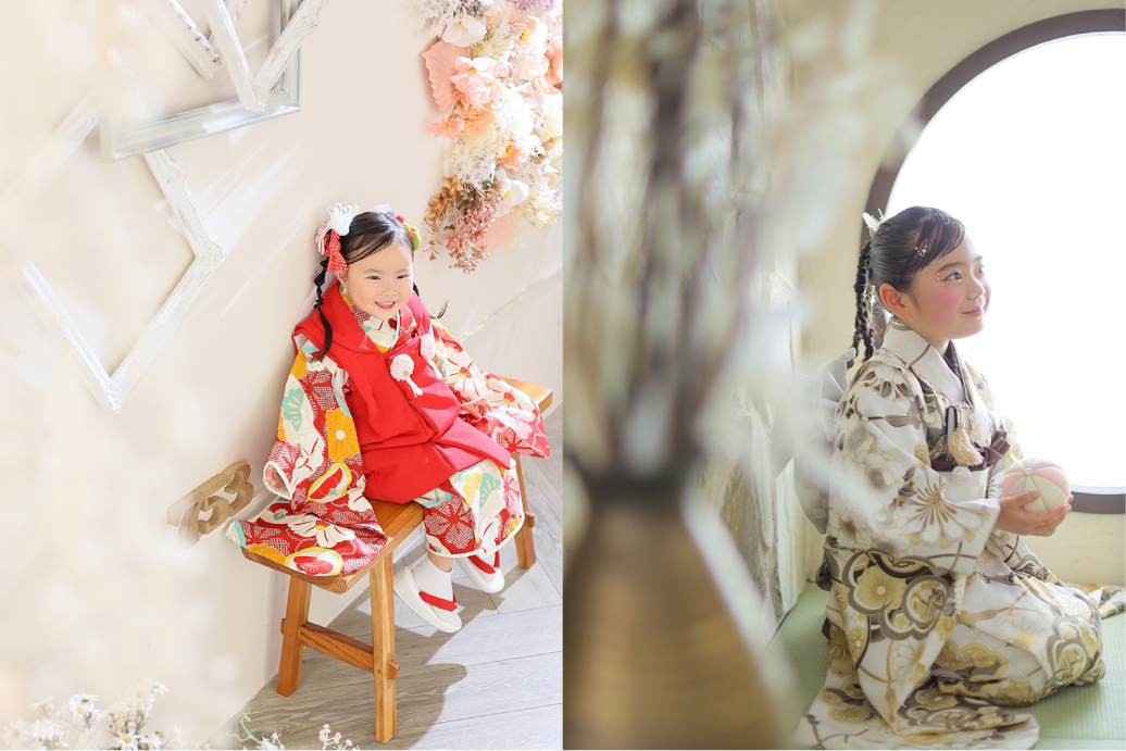 「全国こども写真スタジオ」総合ランキング3位のフォトスタジオ｜シャレニーで七五三撮影｜シャレニーの七五三写真撮影ならこんなに素敵な写真が撮れちゃいます｜七五三写真3歳女の子と3歳女の子着物の写真①